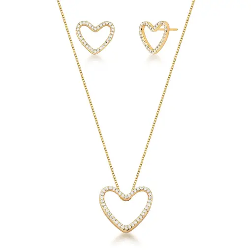 CONJUNTO COLAR E BRINCO DE CORAÇÃO CRAVEJADO  BANHADO A OURO