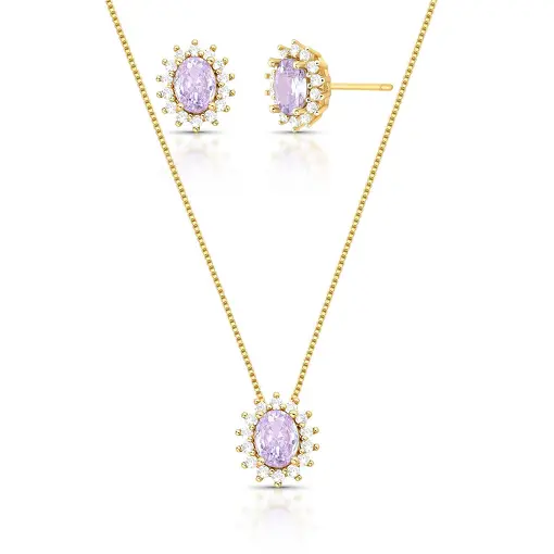CONJUNTO BRINCO E COLAR COM CRISTAL OVAL E ZIRCÔNIAS