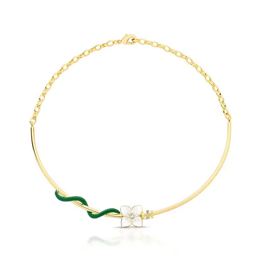 GARGANTILHA DE FLOR ESMALTADA E TRANÇADA BANHADA A OURO