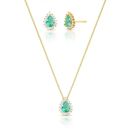 CONJUNTO BRINCO E COLAR DE GOTA COM CRISTAL E ZIRCÔNIAS