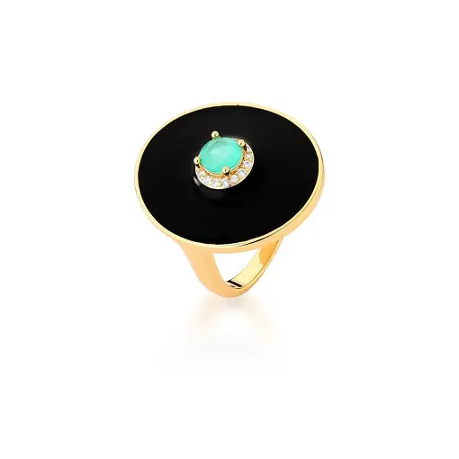 ANEL OVAL ESMALTADO E CRISTAL BANHADO A OURO