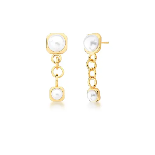 BRINCO PÊNDULO COM QUADRADOS E PÉROLAS SHELL BANHADO A OURO