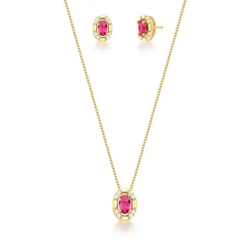 CONJUNTO COLAR E BRINCO OVAL COM CRISTAL BANHADO A OURO