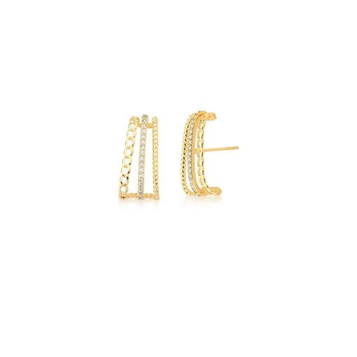 BRINCO EAR HOOK TRÊS VOLTAS COM ELOS E ZIRCÔNIAS BANHADO A OURO