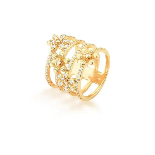 ANEL QUATRO VOLTAS COM FLORES E ZIRCÔNIAS BANHADA A OURO