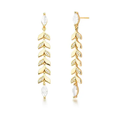 BRINCO PÊNDULO DE FOLHAS E CRISTAL BANHADO A OURO