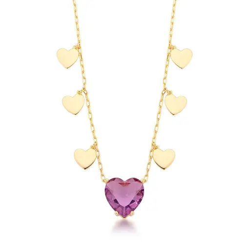 COLAR COM CRISTAL CORAÇÃO ROSA ESCURO BANHADO A OURO
