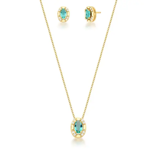 CONJUNTO COLAR E BRINCO OVAL COM CRISTAL BANHADO A OURO
