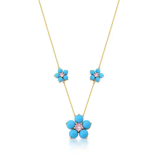 CORRENTE COM PINGENTE TRÊS FLORES TURQUESA BANHADA A OURO