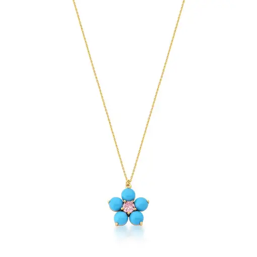 CORRENTE COM PINGENTE DE FLOR TURQUESA BANHADA A OURO