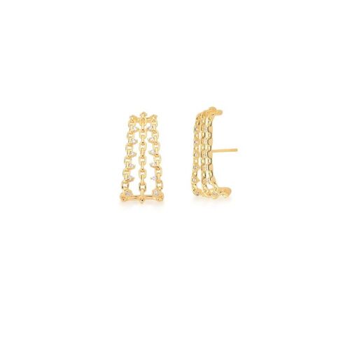 BRINCO EAR HOOK COM ELOS E ZIRCÔNIAS BRANCAS BANHADO A OURO