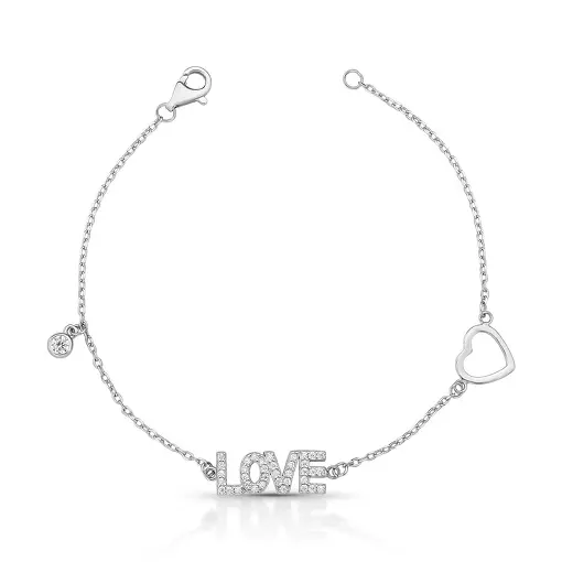 PULSEIRA COM CRISTAL E ESCRITA LOVE EM ZIRCÔNIAS PRATA RODINADA