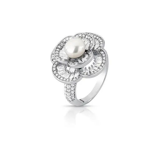 ANEL DE FLOR CURVO COM PÉROLA SHELL E ZIRCÔNIAS