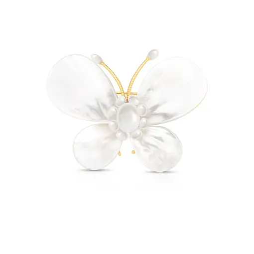 BROCHE DE BORBOLETA EM MADREPÉROLA E PÉROLAS