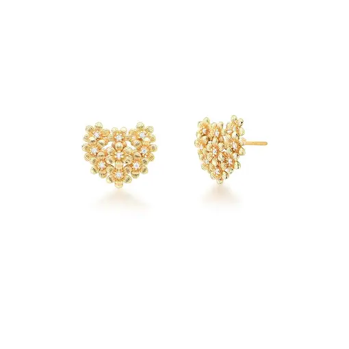 BRINCO DE CORAÇÃO COM FLORES E ZIRCÔNIAS BRANCAS BANHADO A OURO