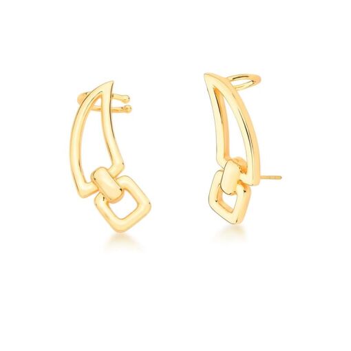 BRINCO EAR CUFF CURVO QUADRADO VAZADO E LISO BANHADO A OURO