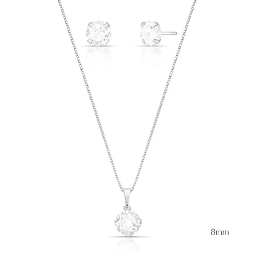 CONJUNTO BRINCO E CORRENTE CRISTAL REDONDO PRATA LISA