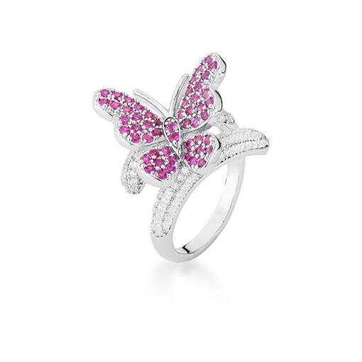 ANEL DUAS VOLTAS COM BORBOLETA CRAVEJADA PINK BANHADO A RÓDIO