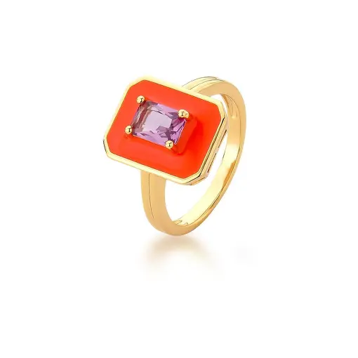 ANEL COM RETANGULAR ESMALTADO LARANJA BANHADO A OURO