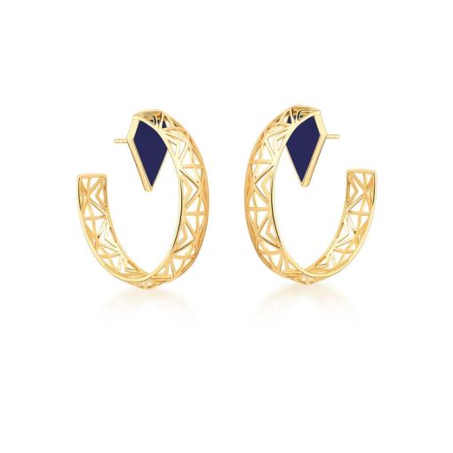 MEIA ARGOLA GEOMETRICA COM PEDRA LAPIZ LAZULI  BANHADA A OURO