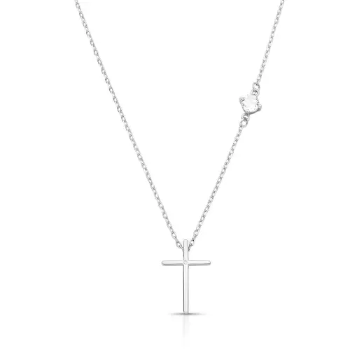 COLAR COM PINGENTE DE CRUZ E CRISTAL REDONDO PRATA RODINADA