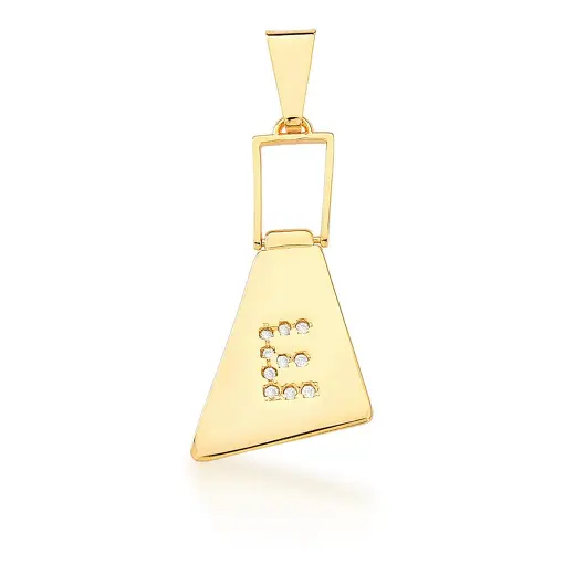 PINGENTE TRIANGULAR E LETRA "E" CRAVEJADO BRANCO BANHADO A OURO