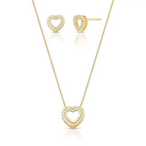 CONJUNTO BRINCO E COLAR DE CORAÇÃO VAZADO E ZIRCÔNIAS