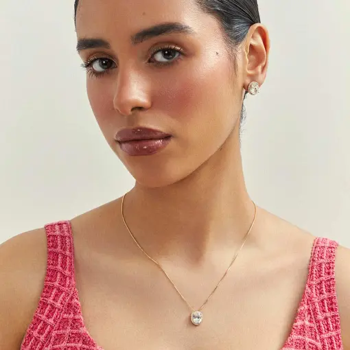 CONJUNTO BRINCO E COLAR COM PINGENTE DE CRISTAL E ZIRCÔNIAS