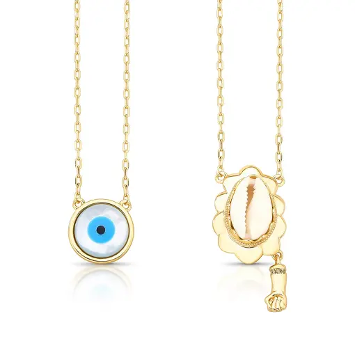 ESCAPULÁRIO COM BÚZIOS E OLHO GREGO EM MADREPÉROLA