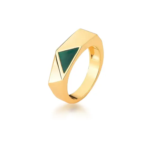 ANEL COM TRIANGULOS FACETADO E ESMALTADO BANHADO A OURO