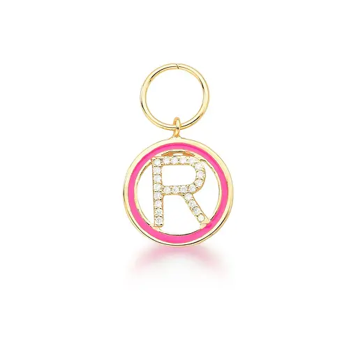 PINGENTE LETRA "R" VAZADO E  ESMALTADO ROSA BANHADO A OURO