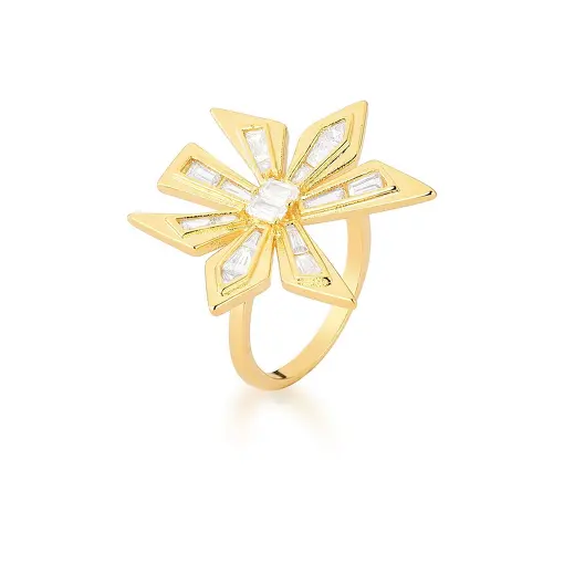 ANEL FLOR COM ZIRCÔNIAS BAGUETES BRANCAS BANHADO A OURO