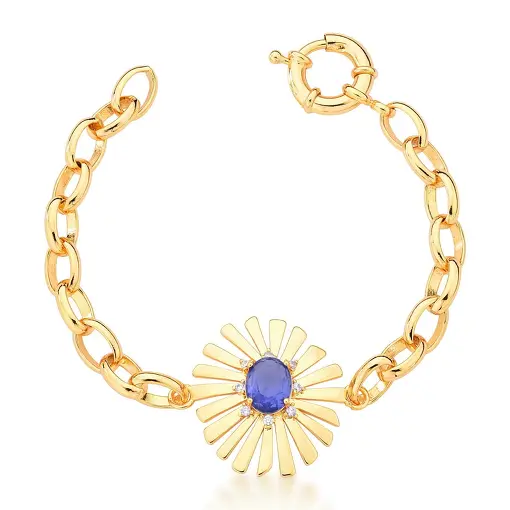 PULSEIRA COM PINGENTE DE FOLHA NA COR TANZANITA BANHADA A OURO