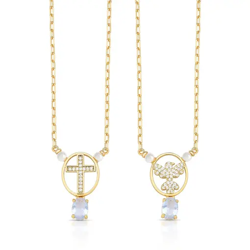 ESCAPULÁRIO OVAL E VAZADO COM IMAGEM DE ESPÍRITO SANTO