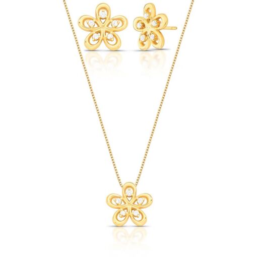 CONJUNTO DE BRINCO E COLAR DE FLOR VAZADO E COM ZIRCÔNIAS