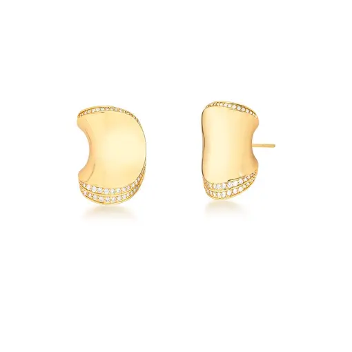 BRINCO CURVO LISO E CRAVEJADO DE ZIRCÔNIAS BANHADO A OURO