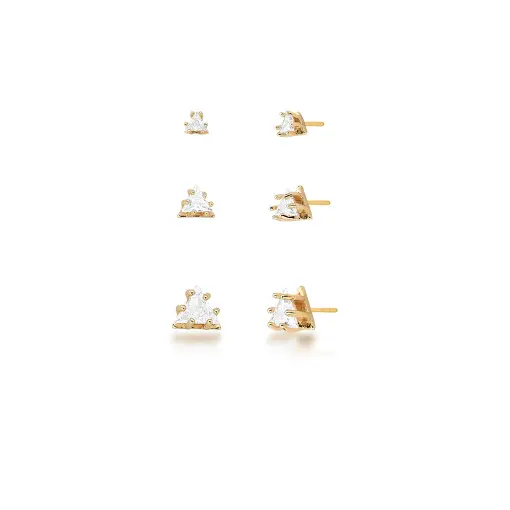 KIT TRÊS PARES BRINCO CRISTAL TRIANGULAR BRANCO BANHADO A OURO