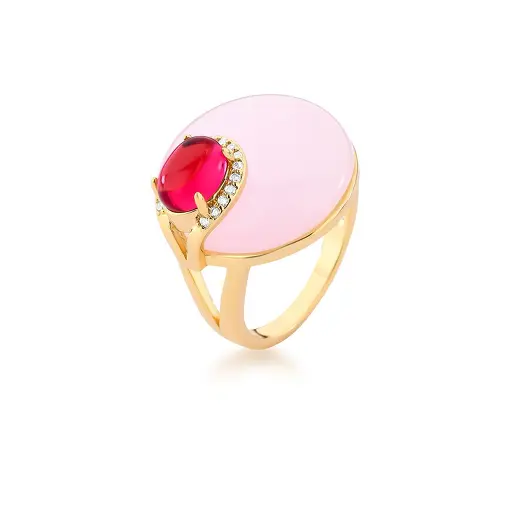 ANEL REDONDO COM CRISTAL OVAL E ZIRCÔNIAS BANHADO A OURO