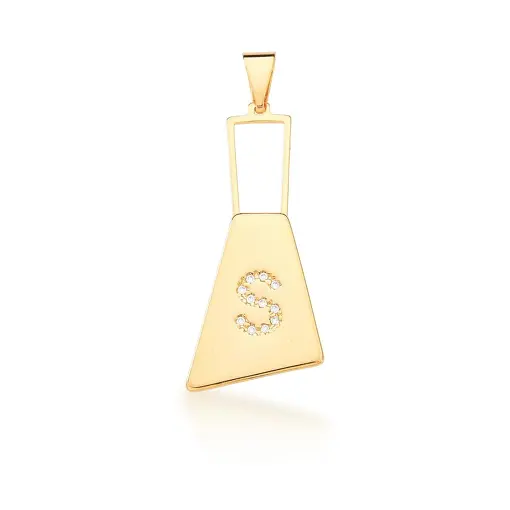 PINGENTE TRIANGULAR E LETRA "S" CRAVEJADO BRANCO BANHADO A OURO