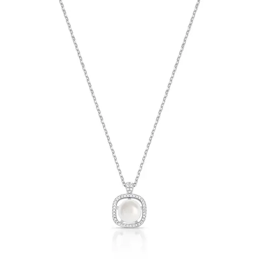 COLAR COM PINGENTE QUADRADO E PÉROLA SHELL PRATA RODINADA