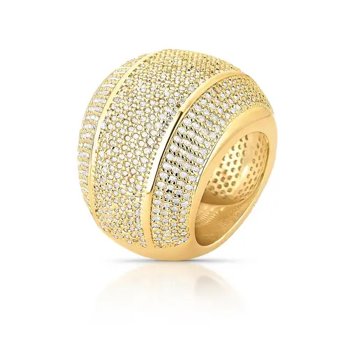 ANEL REDONDO ABAULADO CRAVEJADO COM ZIRCÔNIA BANHADO A OURO