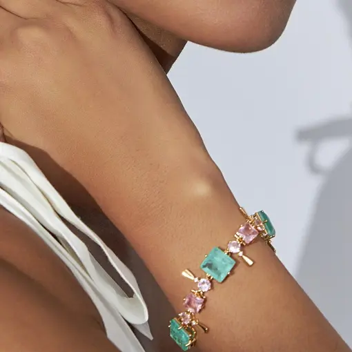 PULSEIRA COM CRISTAL TURMALINA FUSION E ROSA BANHADA A OURO