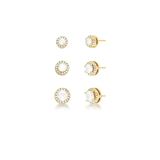 KIT TRÊS PARES DE BRINCOS REDONDOS BRANCOS BANHADO A OURO