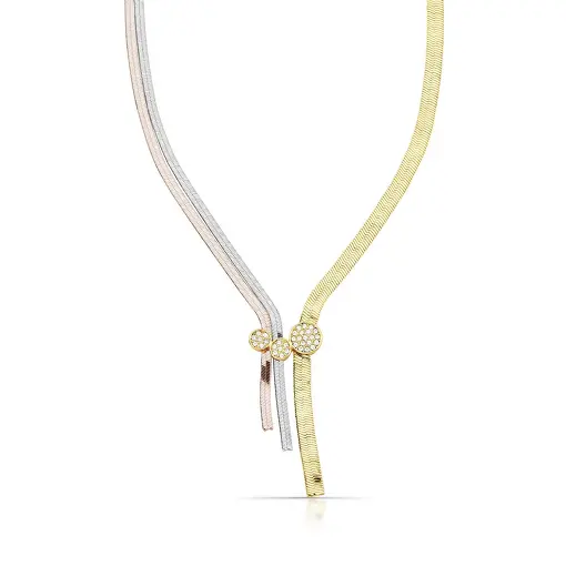 COLAR COM PINGENTE REDONDO CRAVEJADO TRÊS TONS