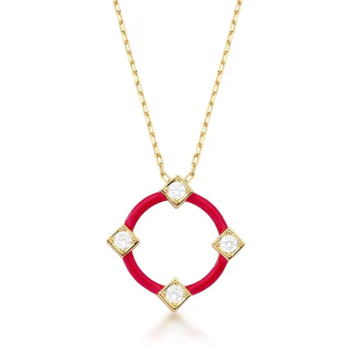 COLAR COM PINGENTE REDONDO VAZADO ESMALTADO BANHADO A OURO