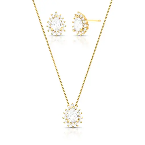 CONJUNTO BRINCO E COLAR DE GOTA COM CRISTAL E ZIRCÔNIAS
