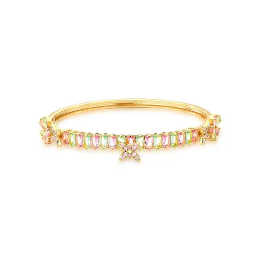 BRACELETE COM CRISTAIS RETAGULARES E FLORES BANHADO A OURO