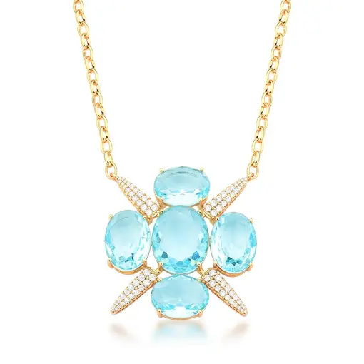 CORRENTE COM PINGENTE FLOR ÁGUA MARINHA BANHADA A OURO