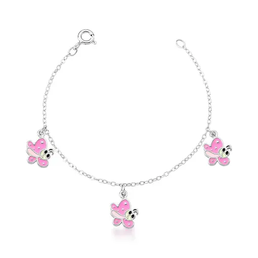 PULSEIRA KIDS PINGENTES DE BORBOLETAS ROSA PRATA LISA