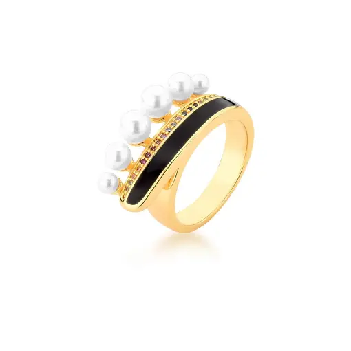 ANEL ESMALTADO PRETO COM ZIRCÔNIAS E PÉROLA SHELL BANHADO A OURO